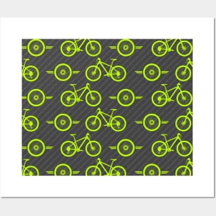 Mountain Bicycle and wheel vector set collage with Vibrant fluorescent green Posters and Art